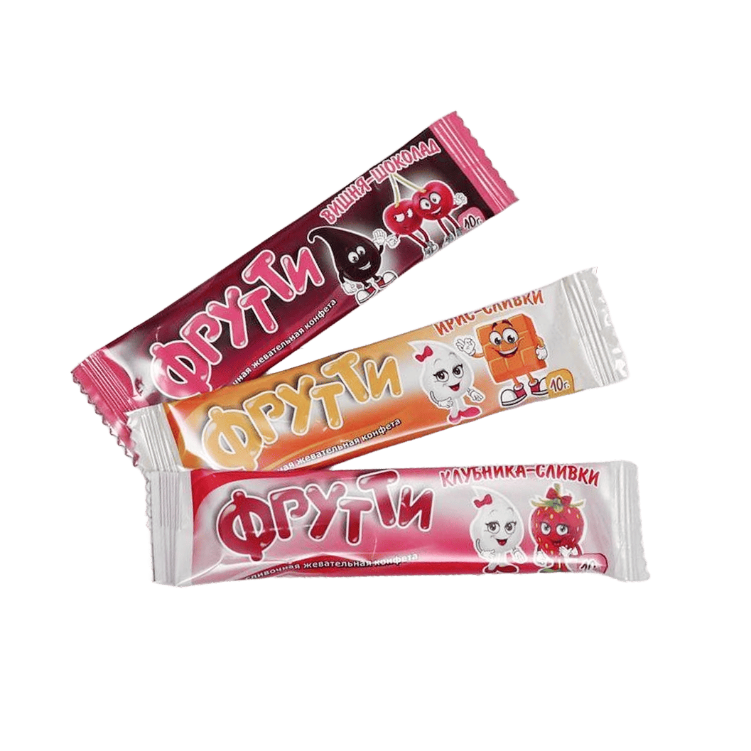 Фрутти 10*50*10г.сливочное ассорти с ароматами вишни и шоколада, ириса и сливок, клубники со сливками